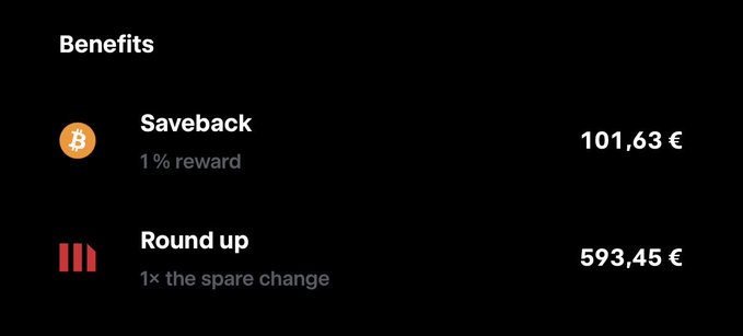 A 'Benefits' screen showing '1% reward' Saveback of 101.63€ and Round up of 593.45€ from spare change.