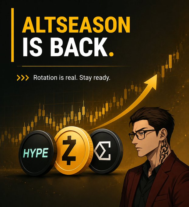 An altseason promotional graphic features the text 'ALTSEASON IS BACK. Rotation is real. Stay ready.' alongside a rising chart, an illustrated man with glasses, and three coins labeled HYPE, Z, and a triangle symbol.