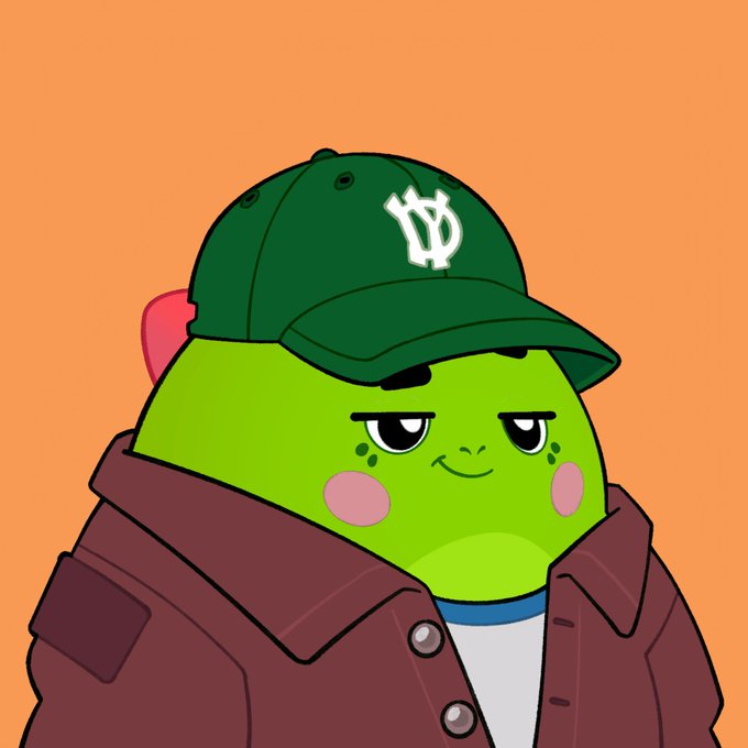 A cartoon illustration of a green character with pink cheeks wearing a brown jacket and a green baseball cap with a stylized 'B' logo on an orange background.