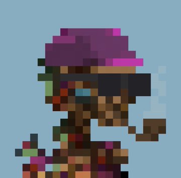 Pixel art of a steampunk-styled character with goggles and a brown top hat, smoking a pipe.
