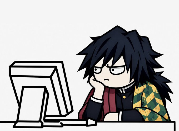 A chibi-style cartoon illustration shows a black-haired anime character with a tired or bored expression, resting their chin on their hand while sitting in front of a computer monitor.