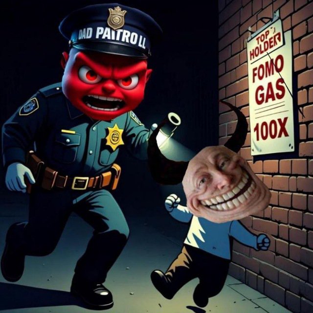 An angry red-faced cartoon police officer wearing a "DAD PATROLL" hat chases a grinning troll-like figure through a dark alley toward a sign reading "TOP HOLDER FOMO GAS 100X," perfectly illustrating the meme's joke about a father figure warning against FOMO (fear of missing out) while the reckless kid chases a 100x gain.