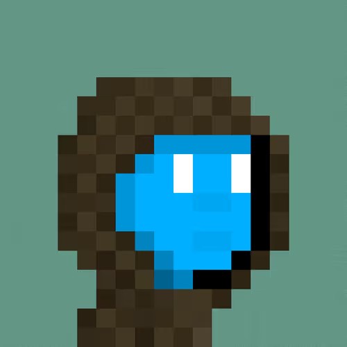 A pixel art illustration of a blue-headed character with brown hair and white square eyes set against a teal background.