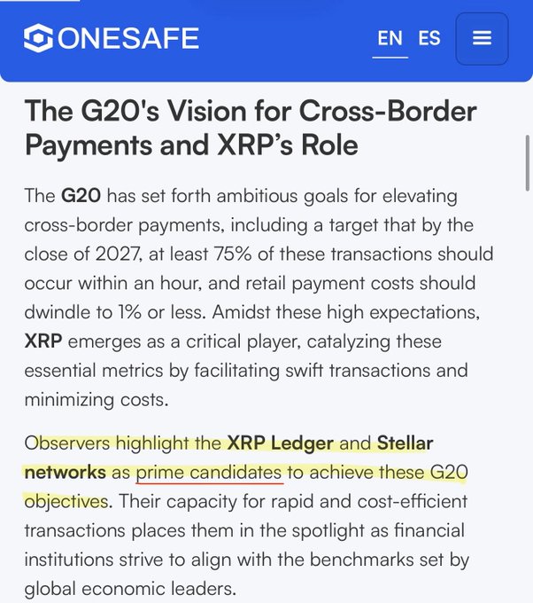 A OneSafe article page is headed “The G20’s Vision for Cross-Border Payments and XRP’s Role,” discussing G20 payment targets, XRP, the XRP Ledger, and Stellar networks.