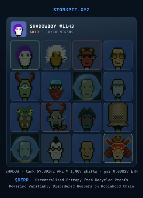 Cryptocurrency NFT page from 'STONKPIT.XYZ' displaying 'SHADOWBOY #1143' grid of pixel-art character portraits with stats 'tank 67.89142 APE' and '$DERP - Decentralised Entropy from Recycled Proofs'.