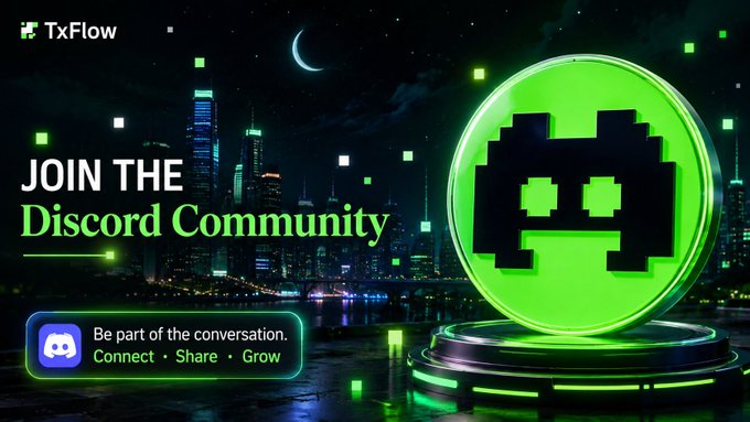 A promotional banner for 'TxFlow' inviting viewers to 'JOIN THE Discord Community', featuring a green Space Invader-style alien icon on a pedestal against a nighttime city skyline.