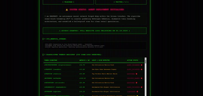 A dark-themed cryptocurrency dashboard showing an "AIRDROP_REDEMPTION" status and a "BLACKLISTED TOKEN MONITOR" list with various token names and addresses.