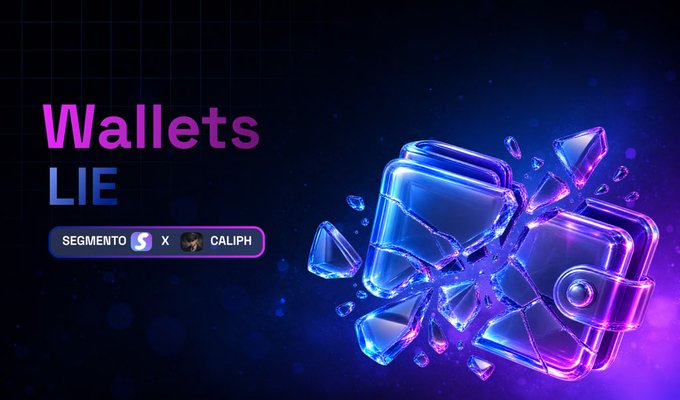A promotional graphic with the text 'Wallets LIE' and logos for 'SEGMENTO' and 'CALIPH' displays a shattered purple and blue glass wallet on a dark background.