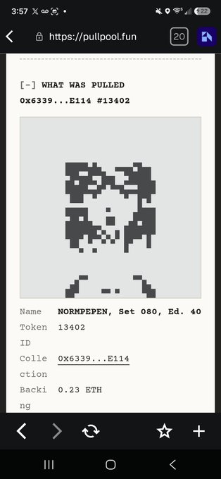 A mobile browser screenshot of pullpool.fun displaying a pulled NFT named 'NORMPEEPEN' from Set 080, Edition 40, Token 13402, with a backing price of 0.23 ETH.
