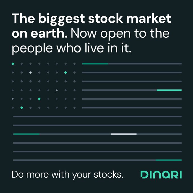 An advertisement for 'DINARI' with the headline 'The biggest stock market on earth. Now open to the people who live in it.' featuring a stylized text graphic and tagline 'Do more with your stocks.'