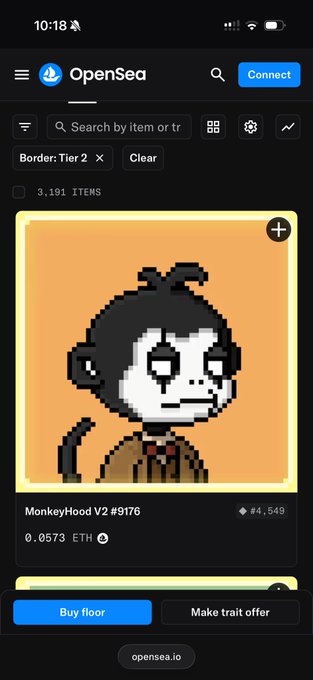 A screenshot of OpenSea showing MonkeyHood V2 #9176 listed at 0.0573 ETH (~$110) with a floor price of 4,549, illustrating the NFT collection's value growth since its free mint. The pixelated monkey character is displayed on an orange background with options to "Buy floor" or "Make trait offer."