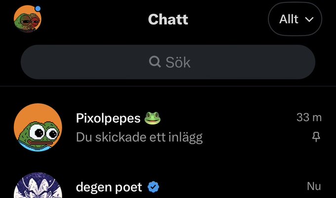 A social media chat interface in Swedish showing "Chatt" at the top, with conversation entries from "Pixolpepes" (33 m ago) and "degen poet" (Nu/Now).