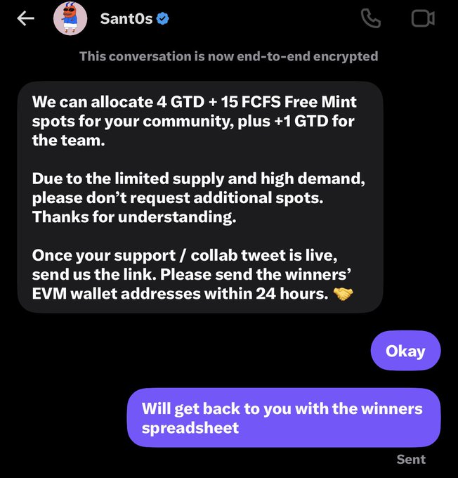 A screenshot of an end-to-end encrypted chat with user Sant0s shows a message offering 4 GTD and 15 FCFS Free Mint spots (+1 GTD for the team) for a community collab, with instructions to send a support tweet and winners' EVM wallet addresses within 24 hours. The reply "Will get back to you with the winners spreadsheet" ties into the post's announcement of selecting 20 winners from the first 200 EVM wallets.