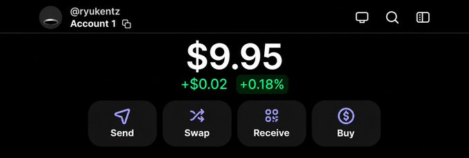 A crypto wallet interface shows account "@ryukentz" holding a balance of $9.95, which is up +$0.02 (+0.18%), with action buttons for Send, Swap, Receive, and Buy. The image humorously illustrates the post's caption about attempting to turn a tiny $9.95 balance into a significant financial gain—or as the post puts it, a "life changing mistake."