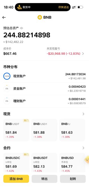 The image shows a Binance mobile app screenshot displaying a BNB cryptocurrency portfolio with a total estimated value of 244.88 BNB (~$142,482.22), showing a -12.83% unrealized loss of -$20,968.98 at a cost price of $667.46, with current spot prices around $581.63-$581.88 across BNB/USDT and BNB/USDC pairs.

This screenshot appears to illustrate the poster's frustration about BNB's declining value, reinforcing their complaint about the BNB Chain team's handling of the TST token incident and lack of transparency with their community.