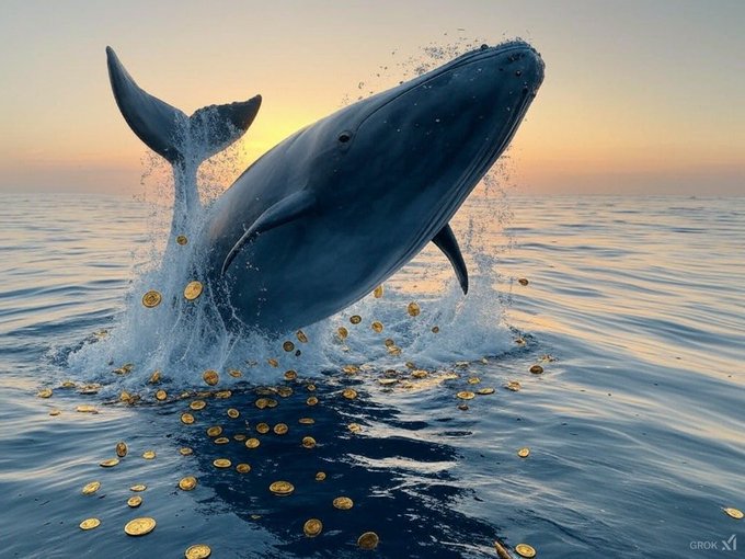A massive whale breaches the ocean's surface amid scattered gold coins, symbolizing "Dogecoin whales" accumulating $470 million DOGE worth $38 million in just 48 hours. The "Grok" watermark appears in the bottom right corner of the image.