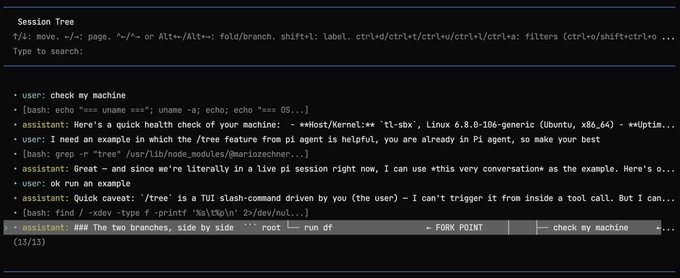 A terminal interface showing a Session Tree with a conversation between a user and assistant about running a health check on a Linux Ubuntu machine, with navigation instructions at the top.