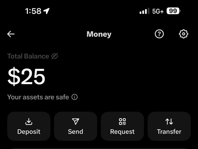 A screenshot of X Money displays a total balance of $25 with a "Your assets are safe" message, alongside action buttons for Deposit, Send, Request, and Transfer. The post celebrates the launch of X Money and ordering a metal X debit card.