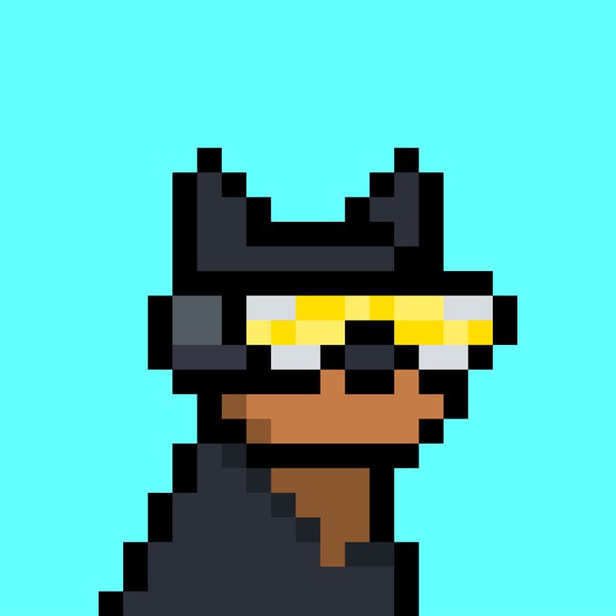A pixel art illustration of a character wearing a dark blue Batman-style cowl with yellow goggles and an orange face on a bright cyan background.