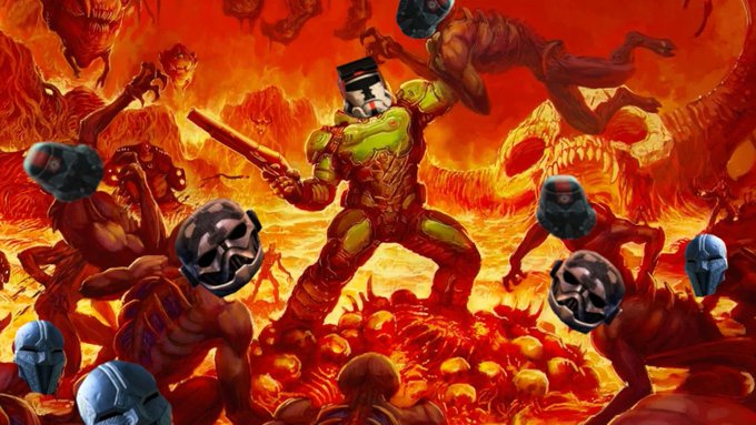 A classic Doom-style video game illustration shows the Doomguy in green armor fighting demons amidst a fiery, hellish landscape with skulls and monsters.