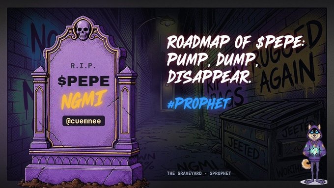 Crypto meme artwork featuring a purple tombstone inscribed 'R.I.P. $PEPE NGMI @cuemnee' alongside text reading 'ROADMAP OF $PEPE: PUMP, DUMP, UGOED, DISAPPEAR AGAIN. #PROPHET' in a dark alley setting with a cartoon character.