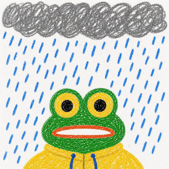 A colorful, child-like drawing of a green frog-like face with large yellow and black eyes and an orange mouth, wearing a yellow hooded jacket. It is raining blue lines below dark grey scribbled clouds.
