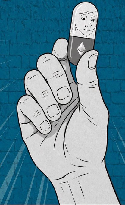 An illustration of a hand holding up a pill capsule with a smiling expression on it, set against a dark blue textured background.