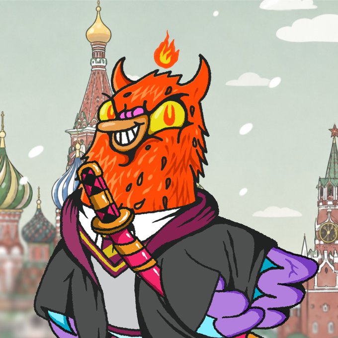 Cartoon illustration of a red furry character with horns, glowing eyes, and a sword, set against a backdrop resembling Moscow's St. Basil's Cathedral.