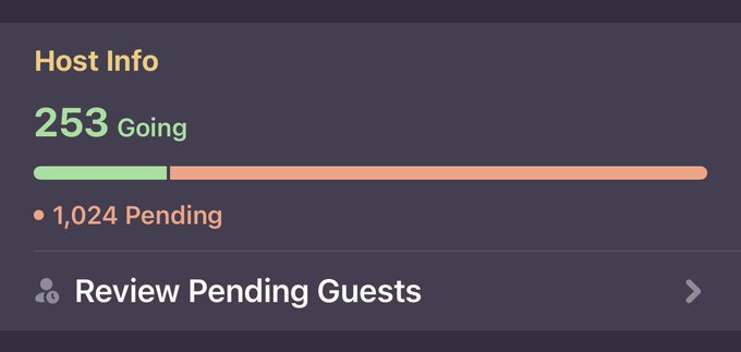 A dark-themed UI screenshot showing 'Host Info' with '253 Going' in green and '1,024 Pending' in orange, along with a 'Review Pending Guests' button.