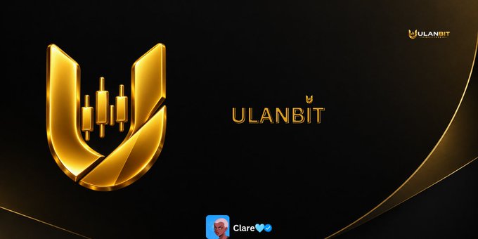 A gold and black promotional graphic for ULANBIT featuring a stylized candlestick chart logo, with a Telegram sticker reading 'Clare' at the bottom.