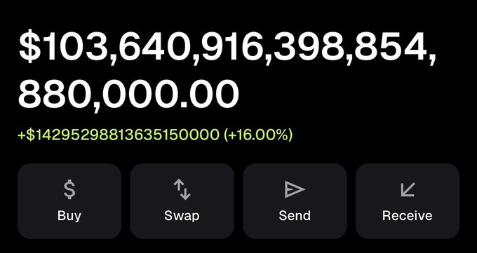A MetaMask wallet interface displays a balance of $103,640,916,398,854,880,000.00 with a +16.00% gain of $14,295,298,813,635,150,000, humorously illustrating an absurdly large (and likely fake/exploited) account balance that suggests a MetaMask bug worth suing over.