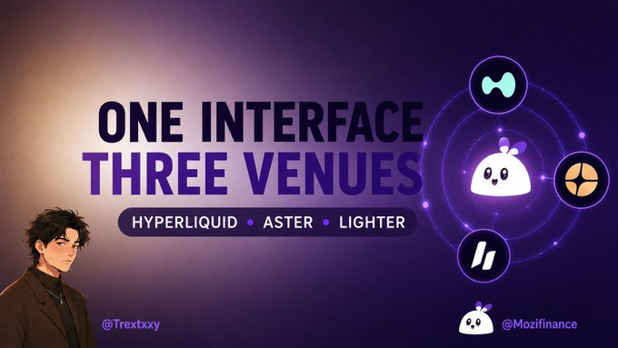 A purple promotional graphic titled 'ONE INTERFACE THREE VENUES' listing 'HYPERLIQUID • ASTER • LIGHTER' with corresponding logos and handles '@Trextxxy' and '@Mozifinance'.