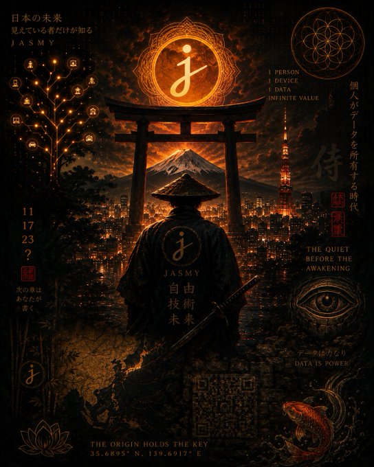 A dark, mystical Japanese-style digital artwork featuring a samurai with the JASMY logo on his back, standing before a torii gate and Mount Fuji, with text including 'JASMY', '1 PERSON 1 DEVICE 1 DATA INFINITE VALUE', and coordinates 35.6895° N, 139.6917° E.