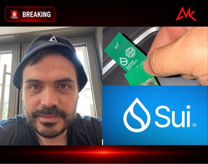 YouTube video thumbnail with 'BREAKING' banner, showing a man in a black bucket hat alongside an image of a Sui blockchain hardware device and the Sui logo.