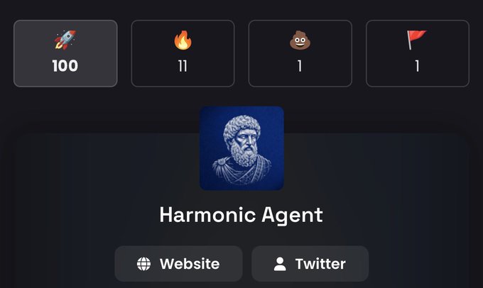 A profile page for 'Harmonic Agent' featuring a classical bust icon, with stats showing 100 rockets, 11 fire emojis, 1 poop emoji, and 1 red flag, along with Website and Twitter buttons.