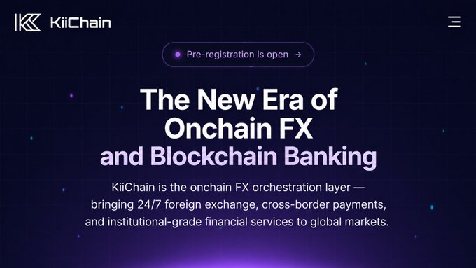 Website header for KiiChain, displaying the tagline 'The New Era of Onchain FX and Blockchain Banking' and a 'Pre-registration is open' button on a dark purple background.