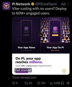 The image is a Pi Network ad from @PiCoreTeam promoting their platform to developers, featuring the headline "Vibe-coding with no users? Deploy to 60M+ engaged users," contrasting an isolated app with one thriving "On Pi" among millions of users. This aligns with the post's discussion of Pi Network's advertising strategy, illustrating the platform's active push to attract developers and scale its ecosystem.