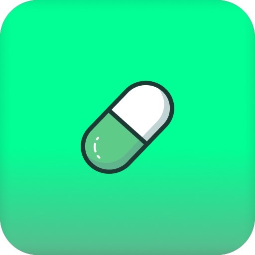 A green app icon featuring an illustration of a white and green pill or capsule in the center.
