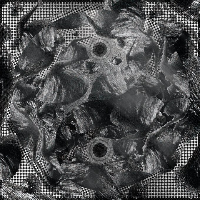 A black and white abstract image with a halftone dot pattern overlay, featuring dark, textured, organic shapes arranged in a roughly circular composition.