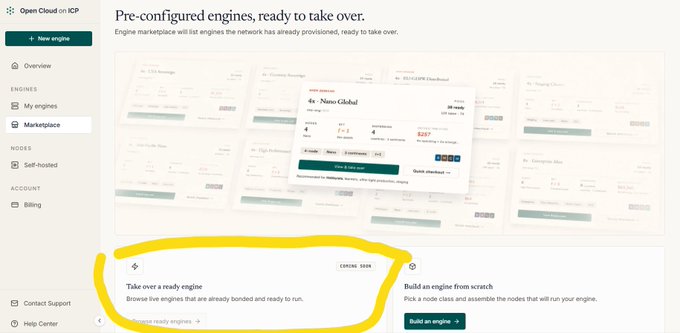 A screenshot of an 'Open Cloud on ICP' interface showing a marketplace of pre-configured engines, with a yellow hand-drawn circle highlighting the 'Take over a ready engine' option.