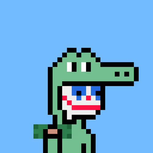 A pixel art character of a green crocodile or alligator wearing a shirt with the American flag design, on a blue background.