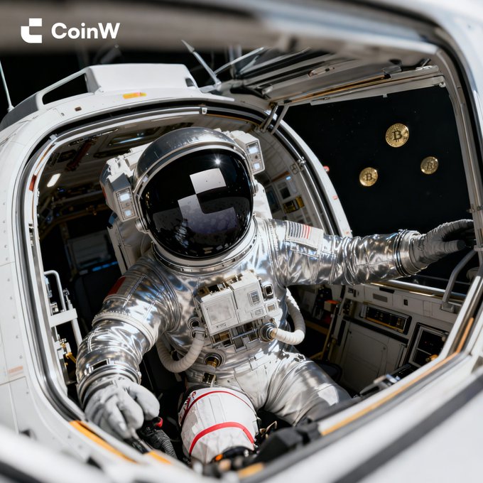An astronaut floats inside a spacecraft hatch with three floating Bitcoin coins visible against the starry space backdrop, with the "CoinW" logo displayed in the top-left corner—visually representing "GM" (Good Morning) from a cosmic, crypto-themed perspective.