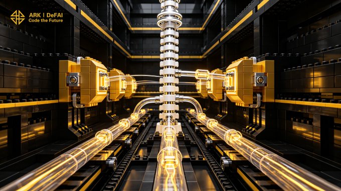 A futuristic, high-tech image featuring glowing golden pipelines and servers connected to a central structure, with the "ARK | DeFAI - Code the Future" logo in the top-left corner, symbolizing the interconnected AI network described in the caption. The visual reinforces the post's message about Arkie AI's unified ecosystem linking AI agents, workflows, and on-chain value, tagged with #ARK #ArkieAI #AIAgents.