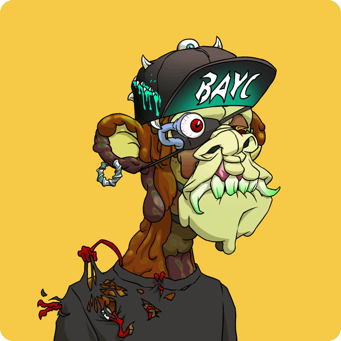 A cartoonish zombie-like Bored Ape Yacht Club (BAYC) character with a single bloodshot eye, green fanged mouth, dripping cap with 'BAYC' text, and a tattered gray shirt against a yellow background.
