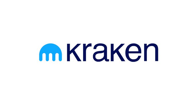 The Kraken logo featuring a blue kraken icon and dark blue text on a white background.