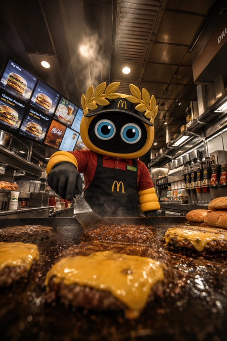 A McDonald's mascot character wearing a black cap and red apron cooks quarter pounder burgers on a grill in a busy restaurant kitchen.