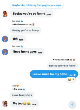 A chat screenshot shows a WhatsApp or messaging group called "big oma" where members exchange playful banter, with messages like "Beejay you're so funny," "tbh," "I love funny guys," and "Leave small for my babe," followed by laughing emojis. The image humorously illustrates the post's complaint about "web3 girls" expecting generosity ("spear") despite the bear market leaving the user unable to afford gas fees to spoil them.