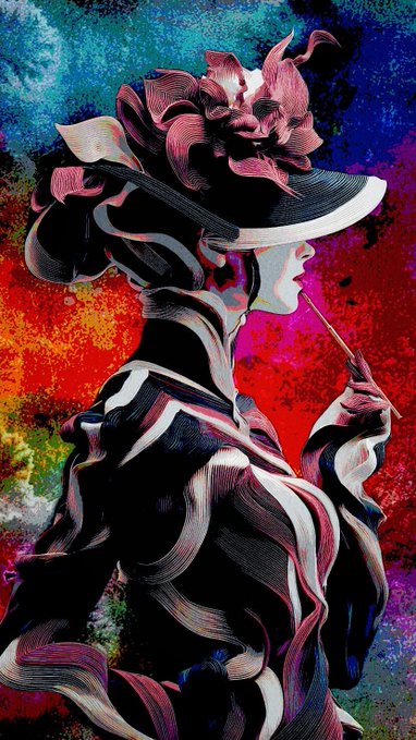 A stylized, colorful illustration of a woman in profile wearing an elaborate hat with a large flower, set against a vibrant, textured background.