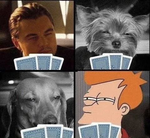 A four-panel meme featuring Leonardo DiCaprio, a scruffy terrier, a skeptical Labrador, and Futurama's Fry, all holding poker hands and displaying judgmental expressions. The image humorously conveys a "called out" vibe, fitting the post's invitation to a Hyperliquid ($HLS) poker night by suggesting anyone considering attending should expect their bluffs to be scrutinized by seasoned critics.