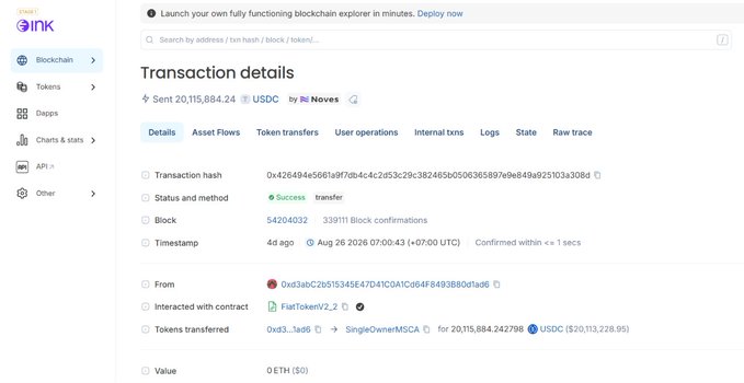 Blockscout blockchain explorer transaction details page showing a successful USDC transfer of 20,115,884.24 USDC from address 0xd3abC2b51345E47D410CAfC64F8493880d1ade6 to SingleOwnerMSCA via the FlatTokenV2_2 contract on block 54204032.